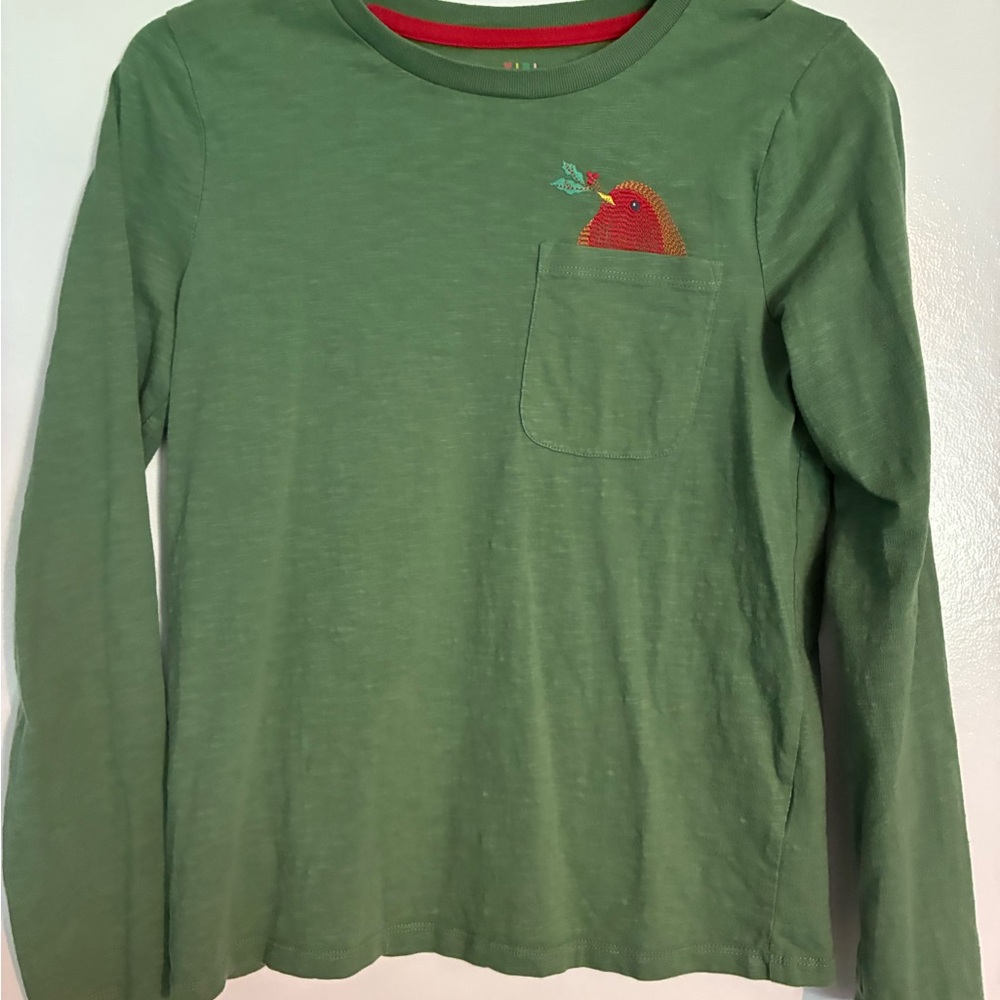 Mini Boden Green Long-Sleeve Pocket Tee with Bird (English Robin) Appliqué